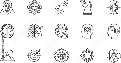 Artificial intelligence and innovation line icons vector set, brain technology startup strategy symbols, modern outline illustration collection