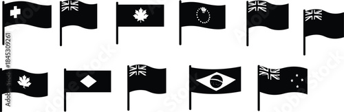 World country flags silhouette vector set, international national flag icons collection, black flat global symbols illustration