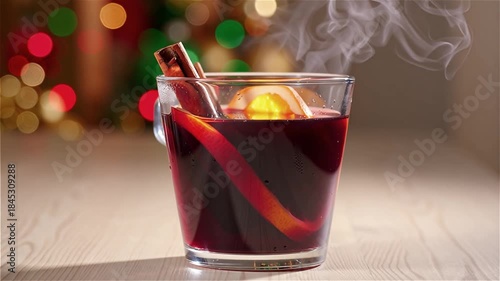 Steam rises from a mulled wine glass, cinnamon sticks and orange slices float in the rim, and Christmas lights blur in the background—a close-up of the food with a Christmas theme.