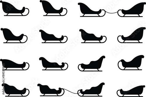 Santa sleigh silhouette vector set, Christmas sled icons collection, black flat holiday winter transportation illustration design