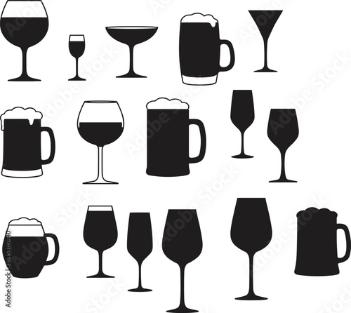 Alcohol glassware and beer mug silhouette vector set, wine cocktail drink icons, black flat bar beverage collection