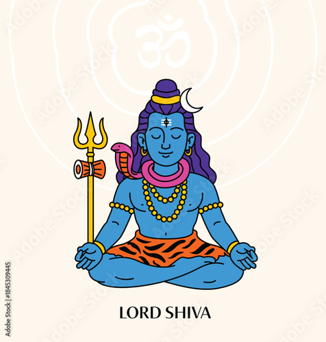 Illustration of Lord Shiva Hindu God Meditating with Trishula and Om