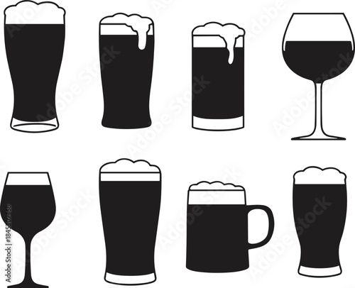 Beer glasses and mugs silhouette vector set, frothy alcohol drink collection, black flat bar beverage icon illustration
