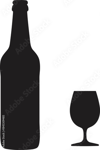 Beer bottle and glass silhouette vector illustration, black flat alcohol drink icon, minimal brewery beverage design isolated