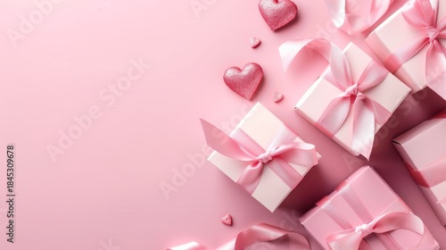Minimal Pink Valentine Background with Gift Boxes and Heart Decorations, Large Copy Space