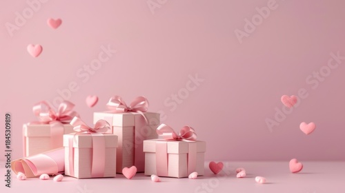 Minimal Pink Valentine Background with Gift Boxes and Heart Decorations, Large Copy Space