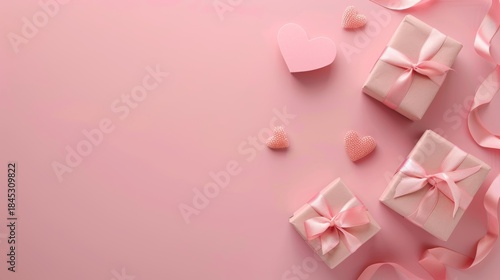 Minimal Pink Valentine Background with Gift Boxes and Heart Decorations, Large Copy Space