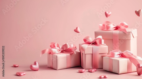 Minimal Pink Valentine Background with Gift Boxes and Heart Decorations, Large Copy Space