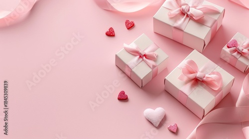 Minimal Pink Valentine Background with Gift Boxes and Heart Decorations, Large Copy Space