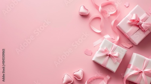 Minimal Pink Valentine Background with Gift Boxes and Heart Decorations, Large Copy Space