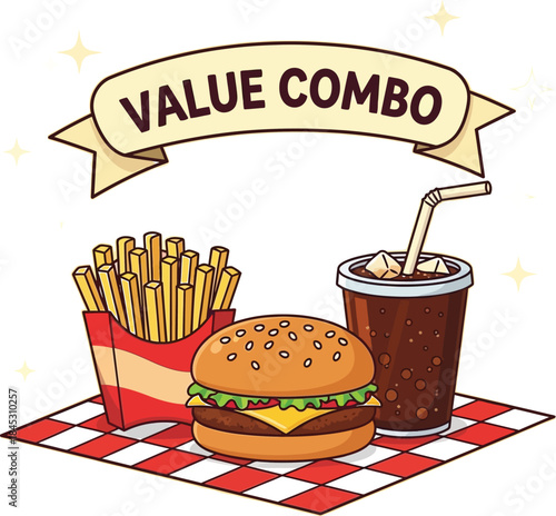 Cartoon fast food value combo meal with burger, fries, and soda isolated on transparent background