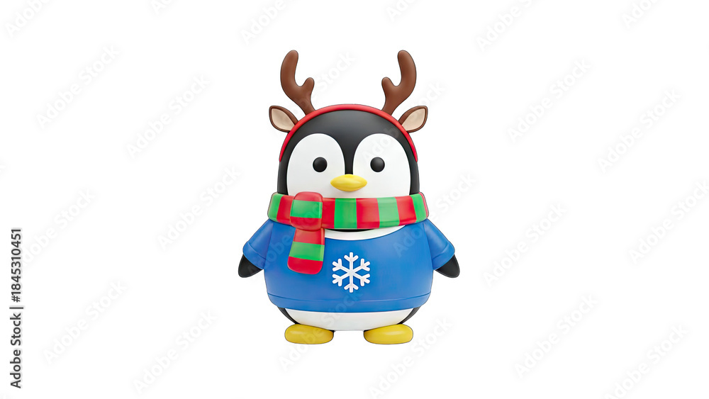 Obraz premium Festive Penguin Wearing Reindeer Antlers and Scarf on White Background