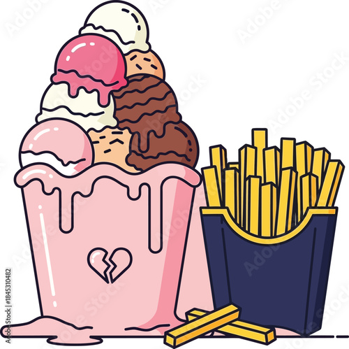 Ice cream sundae and french fries illustration isolated on transparent background