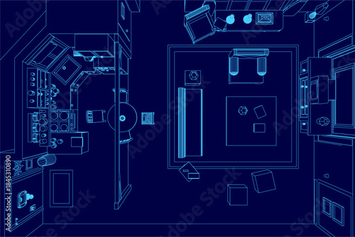 Blueprint of a combined kitchen and living room apartment layout on a blue background, featuring detailed contour lines and spatial dimensions. Top view