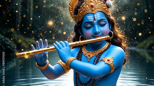 Lord Krishna Playing Flute in Serene Waters: A Divine Portrait.
