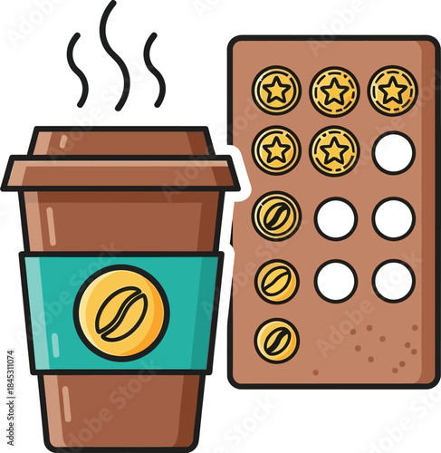Coffee cup and loyalty punch card illustration isolated on transparent background