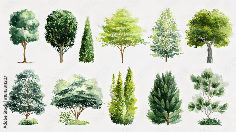 Fototapeta premium Watercolor illustrations of diverse tree species with green foliage and natural shapes for botanical, landscape, and artistic design projects