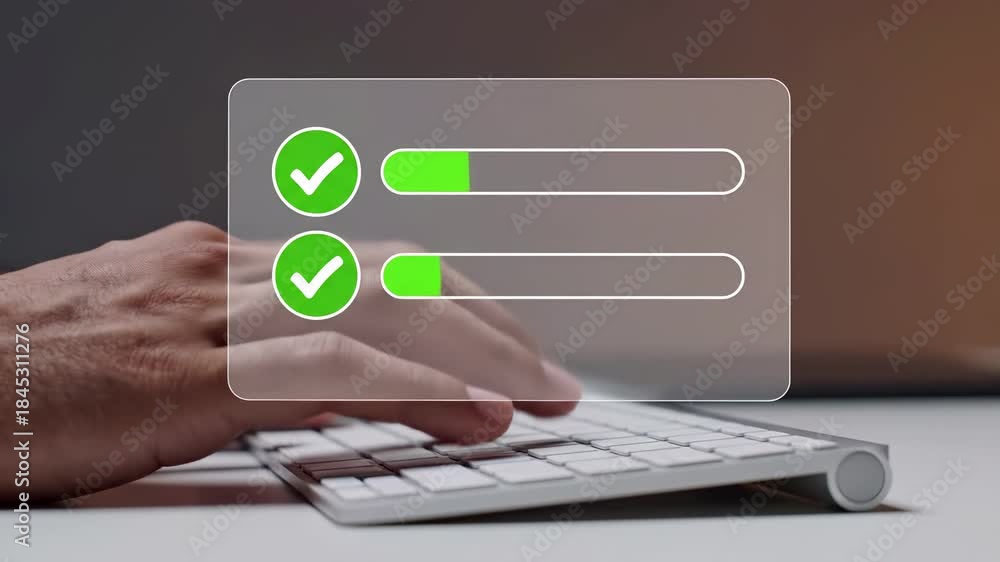 Professional working on keyboard with digital progress bars and ...