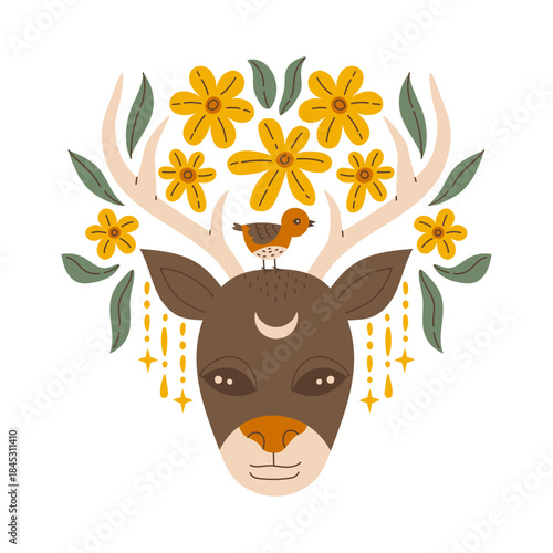 Floral Deer Head Vector. Gentle animal portrait adorned with blossoms and leaves, dreamy celestial woodland spirit, Bird, Flower, whimsical illustration for magical children projects