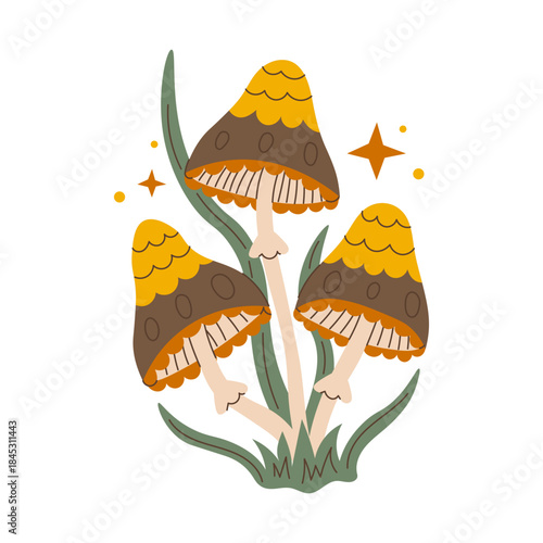 Whimsical Forest Mushrooms Vector. Cute fairy fungi illustration with playful shapes and lace, cozy woodland charm, magical decorative element for fantasy inspired artworks