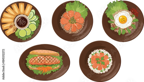 Cartoon Asian cuisine illustration set featuring spring rolls, salmon dishes, rice bowls, and sandwich in colorful food presentation