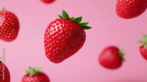 Fresh red strawberries floating and falling against a vibrant pink background, symbolizing fruit and eating delicious healthy