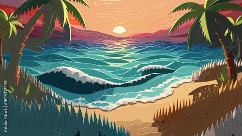 tropical island with palm trees and sea