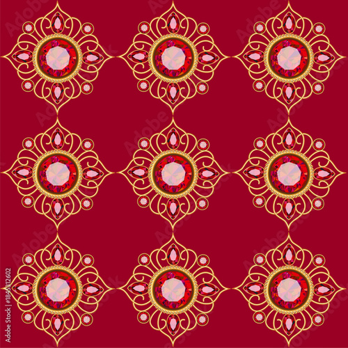 Illustration seamless background with gold jewelry brooches with ornaments and rubies