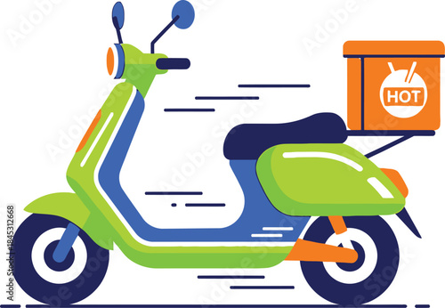 Green and blue delivery scooter illustration with hot box isolated on transparent background