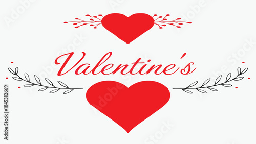 Beautiful gold cursive valentine's day message with black minimalist design elements and red hearts on white background