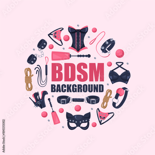 Adult items. sexual background in circle shape with tools for adult sex fetish games