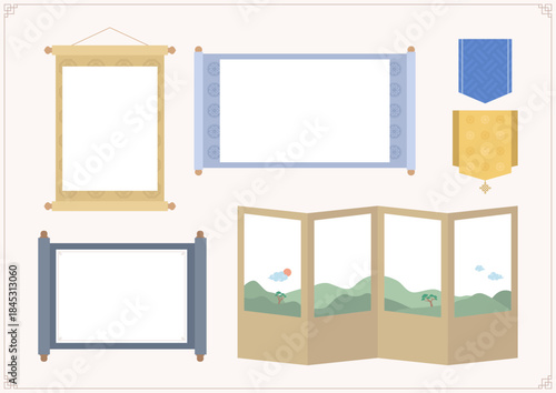Vector illustrations of traditional Korean scrolls and folding screens.
