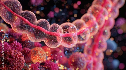 Translucent intestine with radiant swirling spheres. dynamic microbial activity, nutrient flow, digestive motion, and balanced internal ecosystems