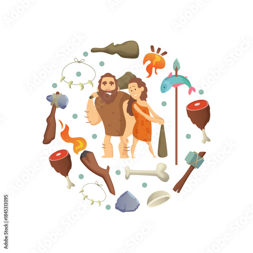 Caveman. round shape of background with wild cave persons and different tools