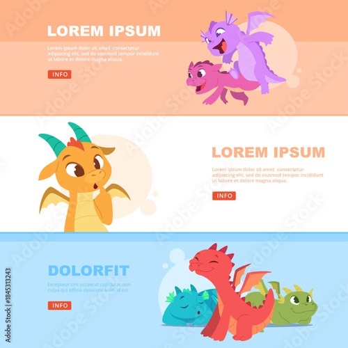 Dragons. banners with cartoon dragon kids in action poses. vector template with place for text