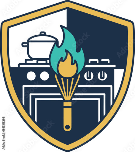 Culinary shield emblem with flame whisk and stovetop isolated on transparent background