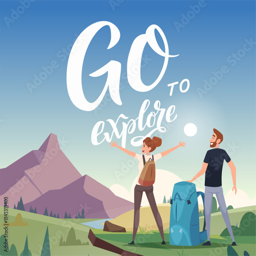 Outdoor background. lettering with go to explore worlds. vector landscape with big cartoon mountain