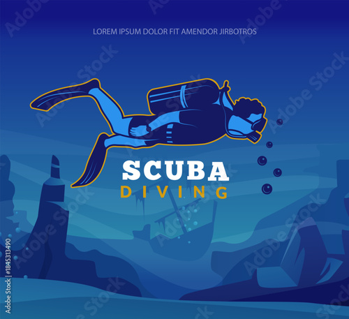 Scuba diving. poster with underwater diver swimming in flippers. identity logo for diving club