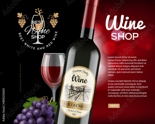 Wine shop banner. print design template of red wine labels. cup of wine and grapes in realistic style