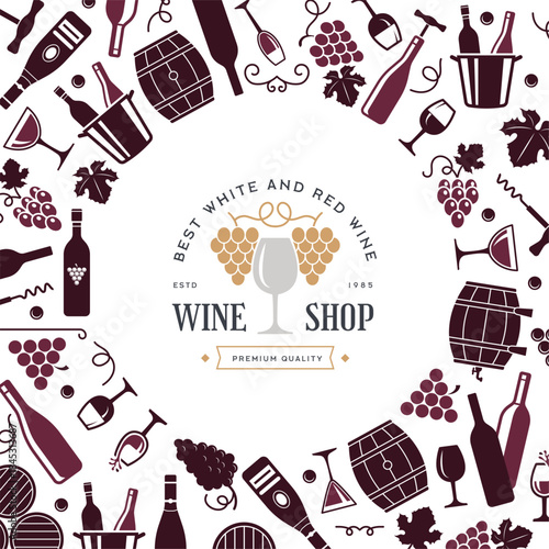 Wine tools. background with bottles grapes and different cups. vector stylized circle template