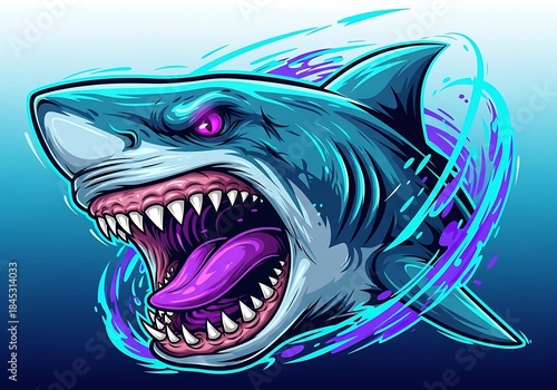 Angry cartoon shark vector illustration with open mouth and sharp teeth