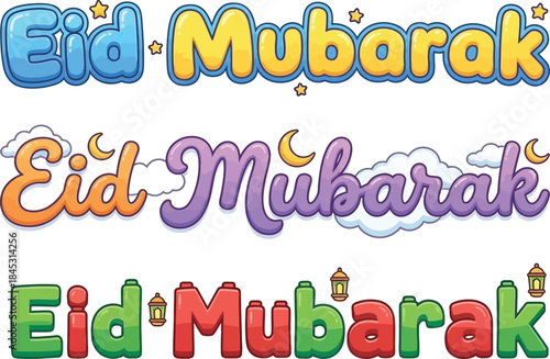 Colorful Eid Mubarak Text Designs with Festive Stars and Lanterns