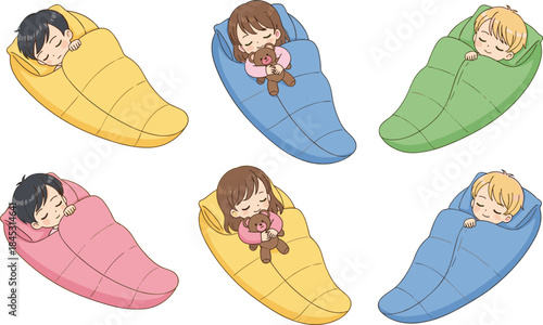 Cartoon children sleeping peacefully in colorful sleeping bags — cozy nap time or sleepover illustration for kids and education