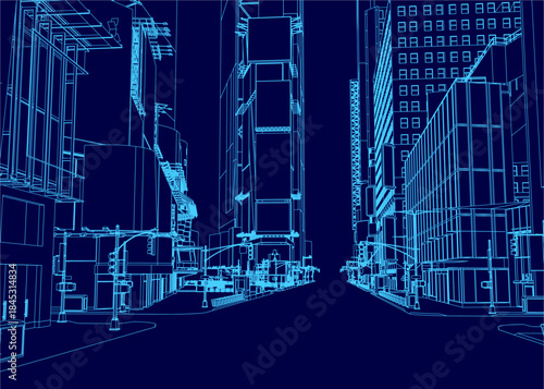 A futuristic city blueprint glows with illuminated building contours, streetlights, and utility poles against a dark nocturnal background.