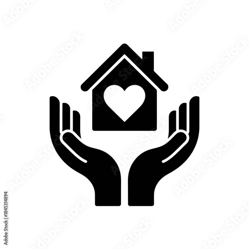 Hands holding house with heart symbolizing care and love