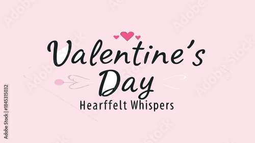 Valentine's day celebration with heartfelt whispers in a cursive typography design on a soft pink background with hearts