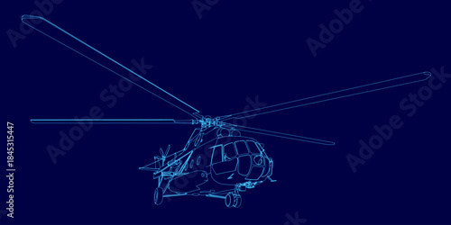 Detailed blueprint of a military helicopter contour on a solid blue background. The technical drawing clearly shows the main rotor, tail, and cockpit structure for design or presentation use.