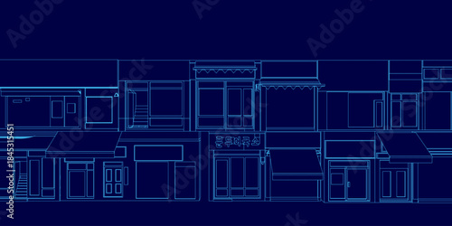 Detailed blueprint of a row of unique Asian-style shop houses, each with distinct contours, windows, and doors on a dark blue background.