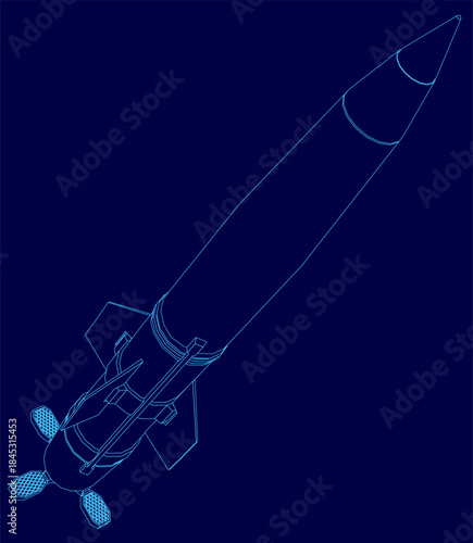A detailed military rocket contour blueprint on a stark blue background, featuring a pointed nose and clearly defined tail section. The technical drawing provides excellent contrast for engineering.