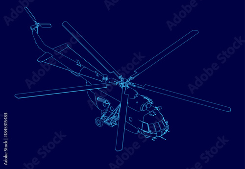 Detailed blueprint of a military helicopter with four main rotors and two engines, featuring a clear tail rotor contour against a stark blue background.